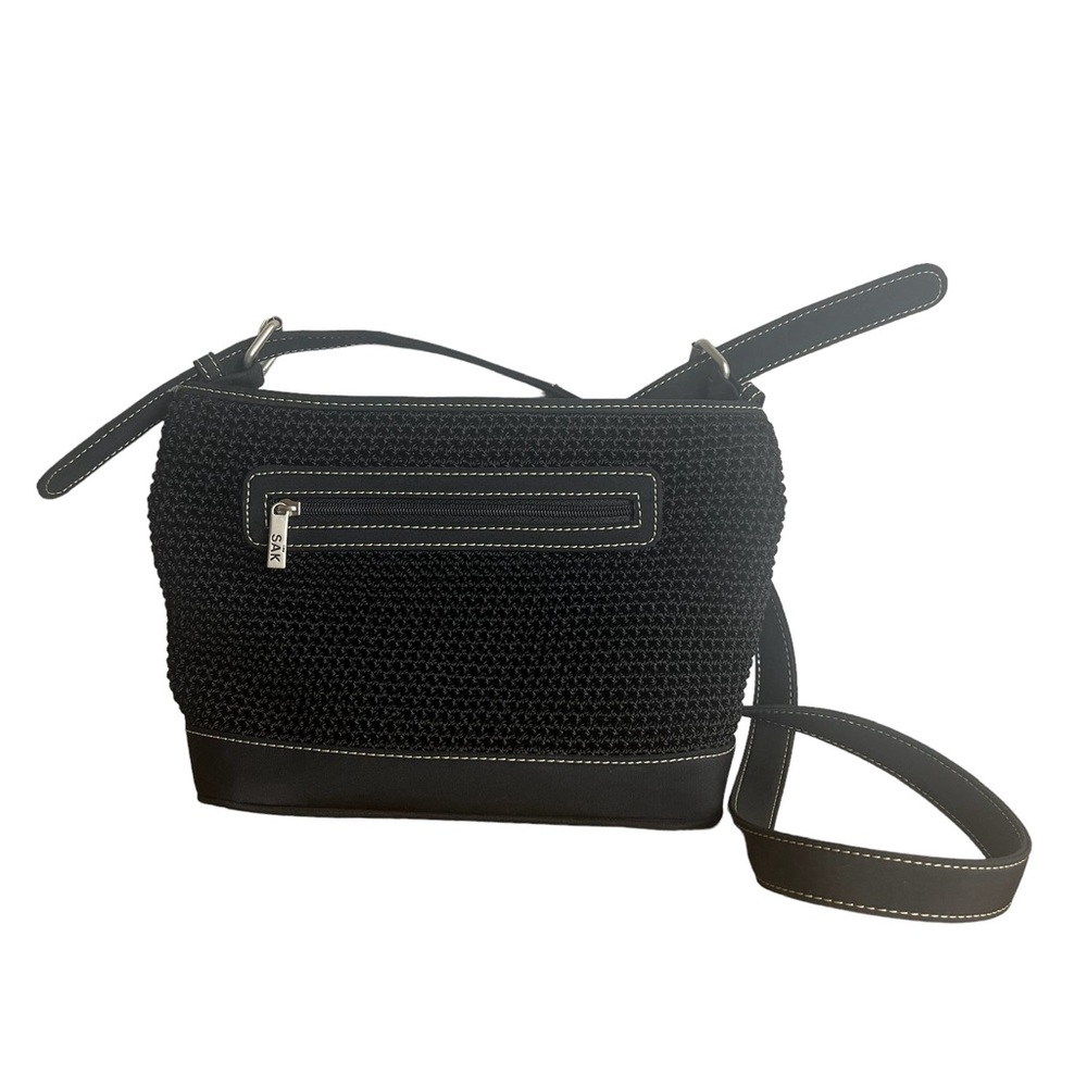 The Sak Crocheted Woven Knit Shoulder Bag Black Adjustable Length Strap